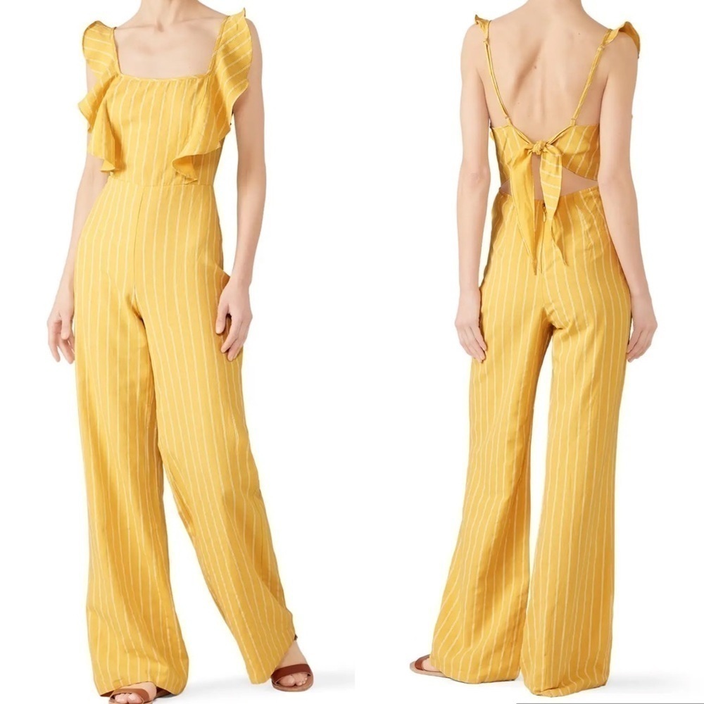 LeRumi Yellow Striped Open Back Wide Leg Jumpsuit Size Large